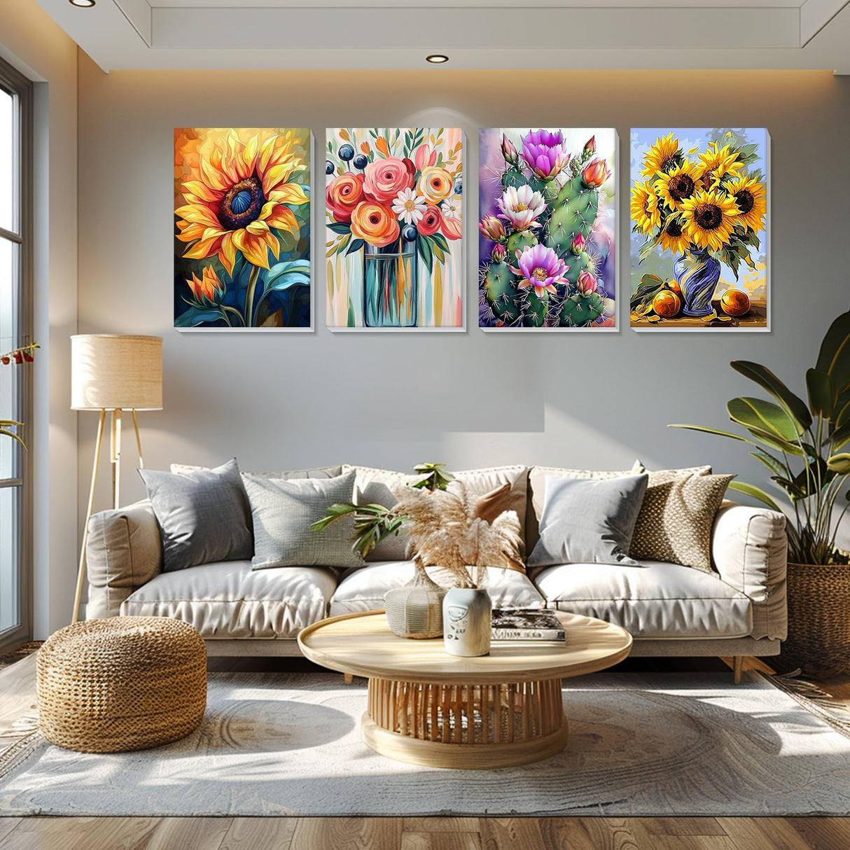 Bowetile 4 Pack Flowers Paint by Numbers for Adults Beginners Framed, Sunflower Adults' Paint-by-Number Kits, Easy Adult Paint by Number Kits on Canvas, Acrylic Number Painting for Home Decor, 8x12in Bowetile