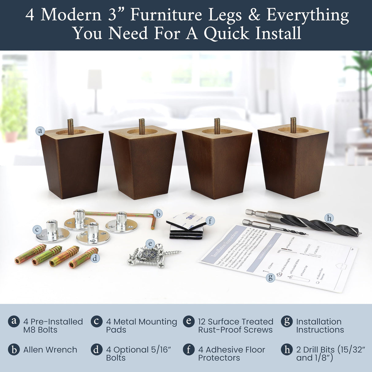 Airy Abode Walnut Brown Square Furniture Legs Set of 4 - Pick Your Size and Color Airy Abode