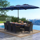 Tangkula 11 Piece Patio Wicker Dining Set w/Double-Sided Patio Umbrella, 8 Stackable Cushioned Chairs, 71" Acacia Wood Dining Table & 15 ft Umbrella with Weighted Base (Navy + Navy) Tangkula