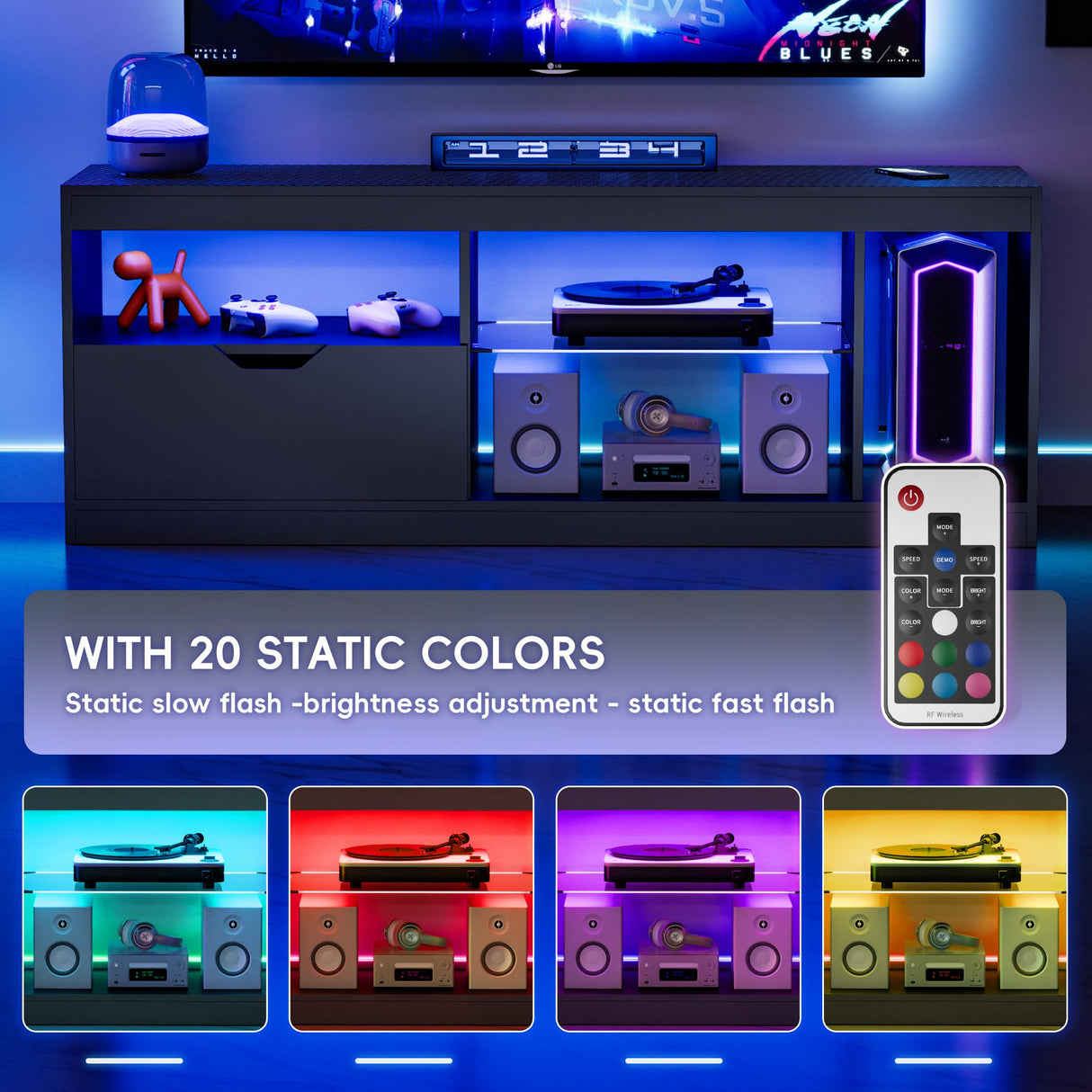 Homall LED TV Stand Mount for 65 inch, Modern Entertainment Center with LED Lights & High Glossy Cabinets, TV Cabinet Console Table with Drawer, Glass Shelves, Dynamic RGB Modes for Living Room, Black Homall