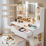 Furmax Vanity Desk with Mirror and LED Lights, Makeup Vanity Table with 3 Lighting Color, Adjustable Brightness, Vanity Table with 2 Drawers, Side Storage, for Bedroom (White, with Bench) Furmax