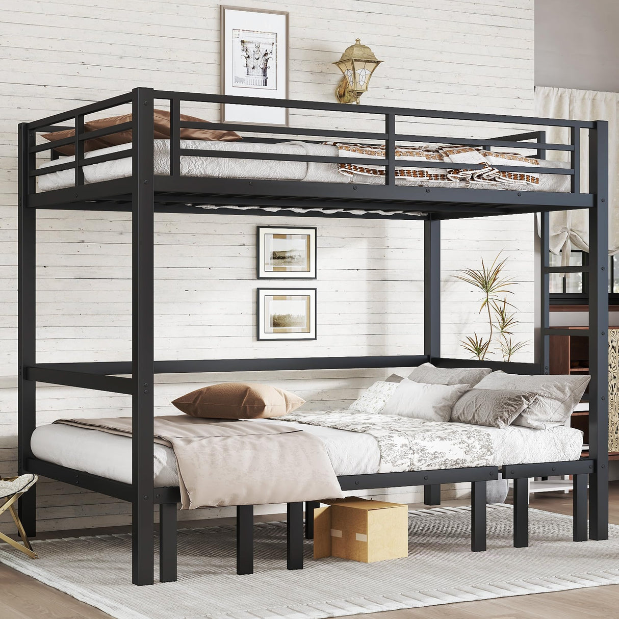 Full Over Full Bunk Bed for Adults, Heavy Duty Bunk Bed can Turns into Full Size Loft Bed with U-Shaped Sofa, Adults Bunk Bed with Safety Rails and Side Ladder, Black(Not Include Cushion) Bellemave
