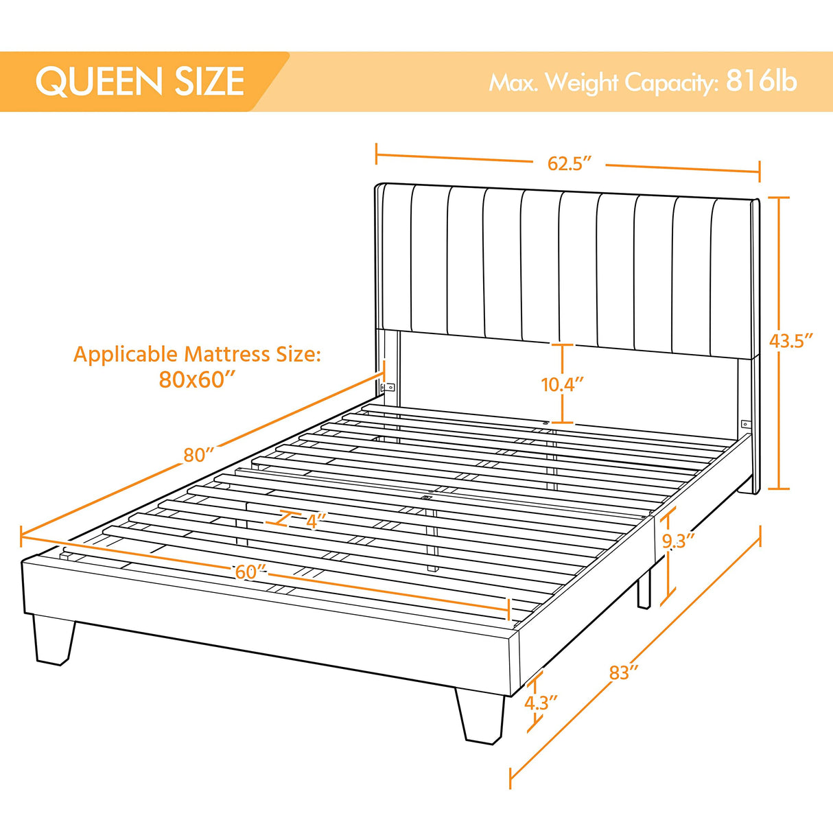 Yaheetech Upholstered Queen Size Bed Frame with Winged Headboard and Wooden Slats Support in Dark Gray Yaheetech