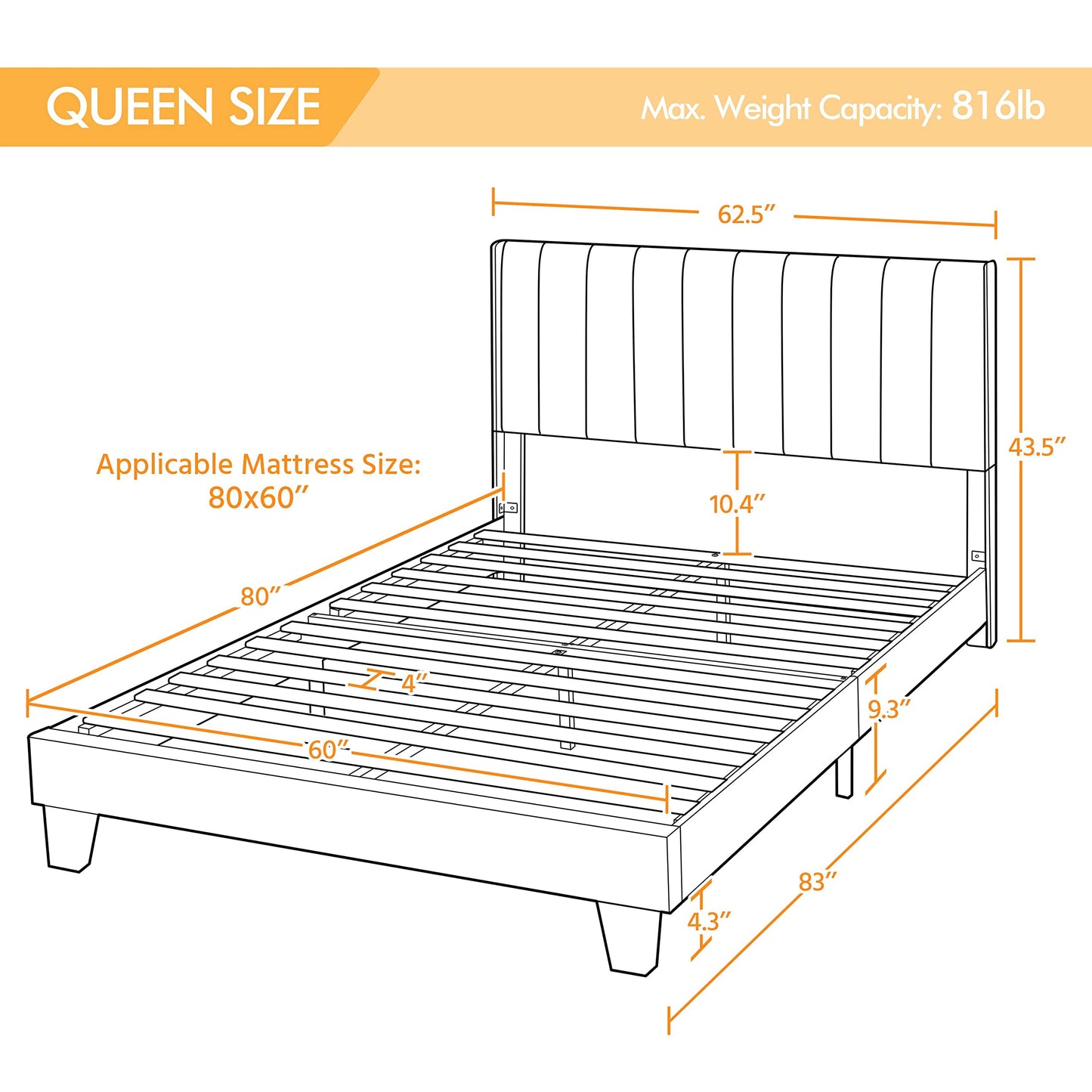 Yaheetech Upholstered Queen Size Bed Frame with Winged Headboard and Wooden Slats Support in Dark Gray - WoodArtSupply