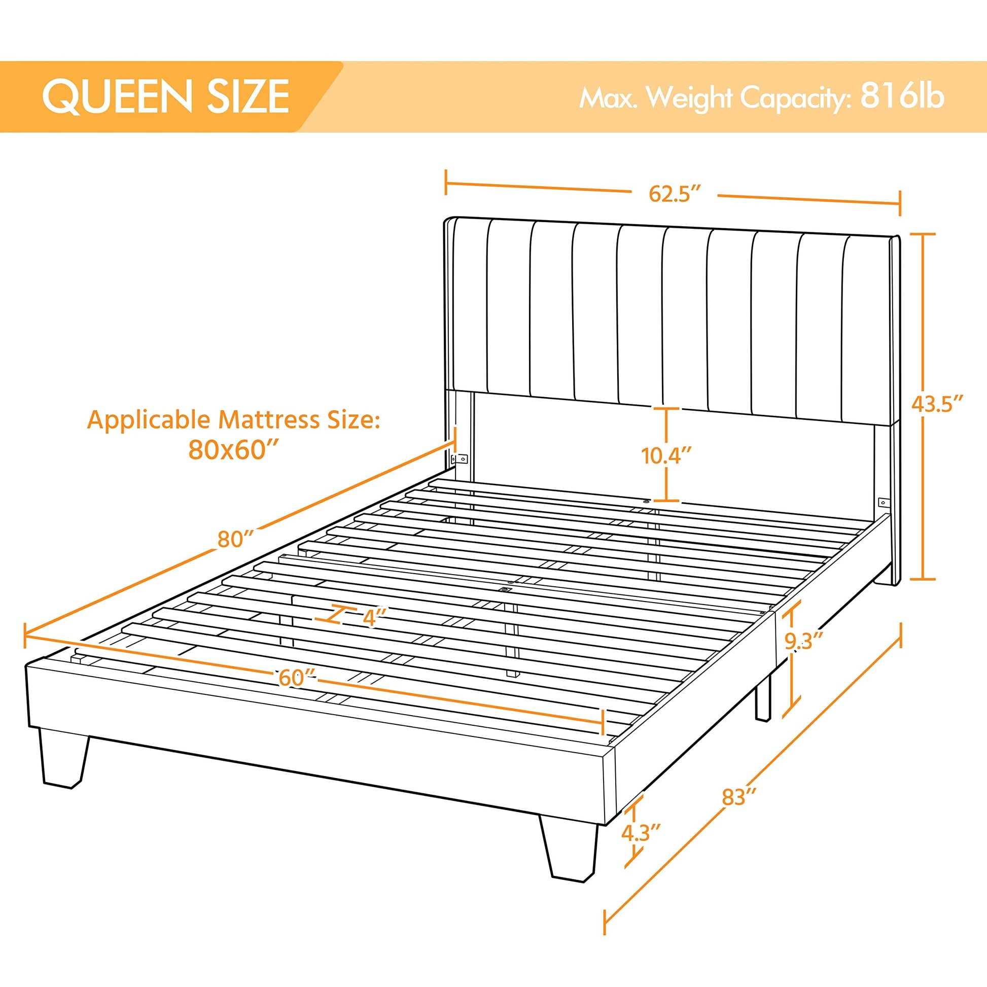 Yaheetech Upholstered Queen Size Bed Frame with Winged Headboard and Wooden Slats Support in Dark Gray - WoodArtSupply