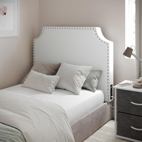 Flash Furniture Adeline Twin Headboard with 2 Outlets, USB Port, USB Type-C Port, Contoured Headboard, Studded LeatherSoft Upholstery, Dual Hanging Options, White Flash Furniture