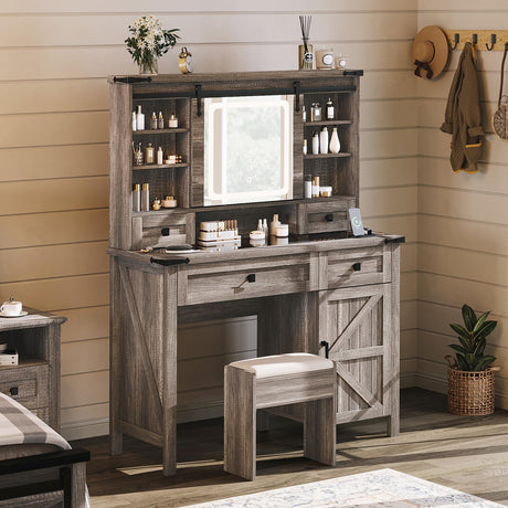 AMERLIFE 42'' Farmhouse Makeup Vanity Desk with Sliding Mirror and Lights, Glass Tabletop Vanity Table with 2 Drawers & Shelves for Bedroom, Light Rustic Oak AMERLIFE