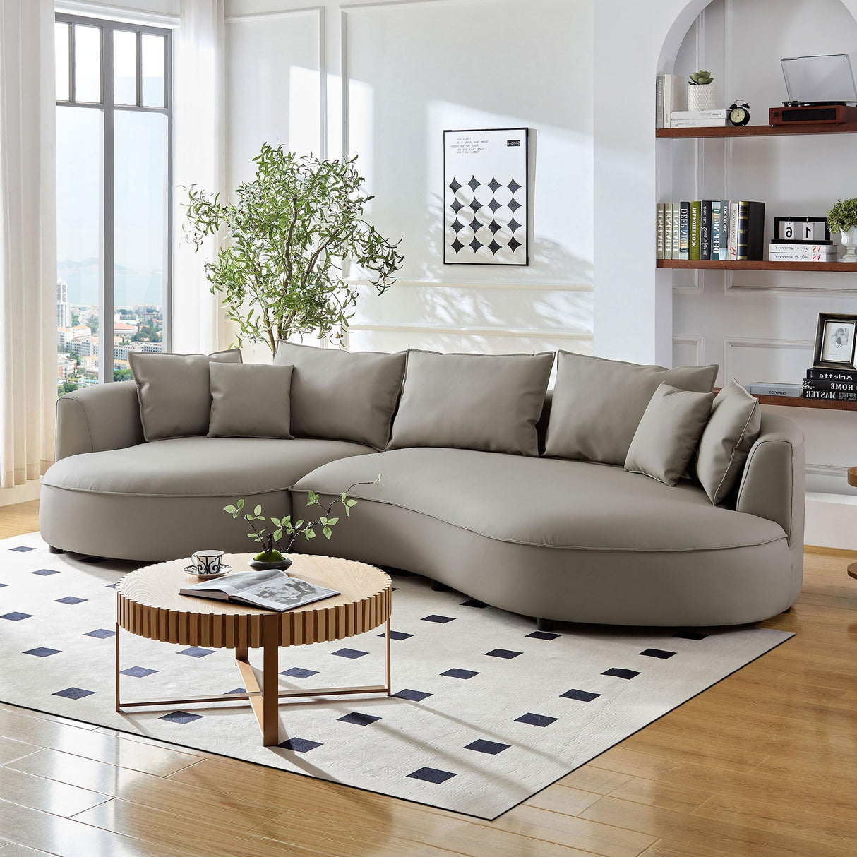 128.74" Curved Sectional Sofa, Modern Oversized Couch, Luxury Modular 5-Seater Couch with Chaise, Leathaire Upholstered Comfy Sofas for Living Room, Apartment, Office, Light Grey Left Facing M MEETAKING