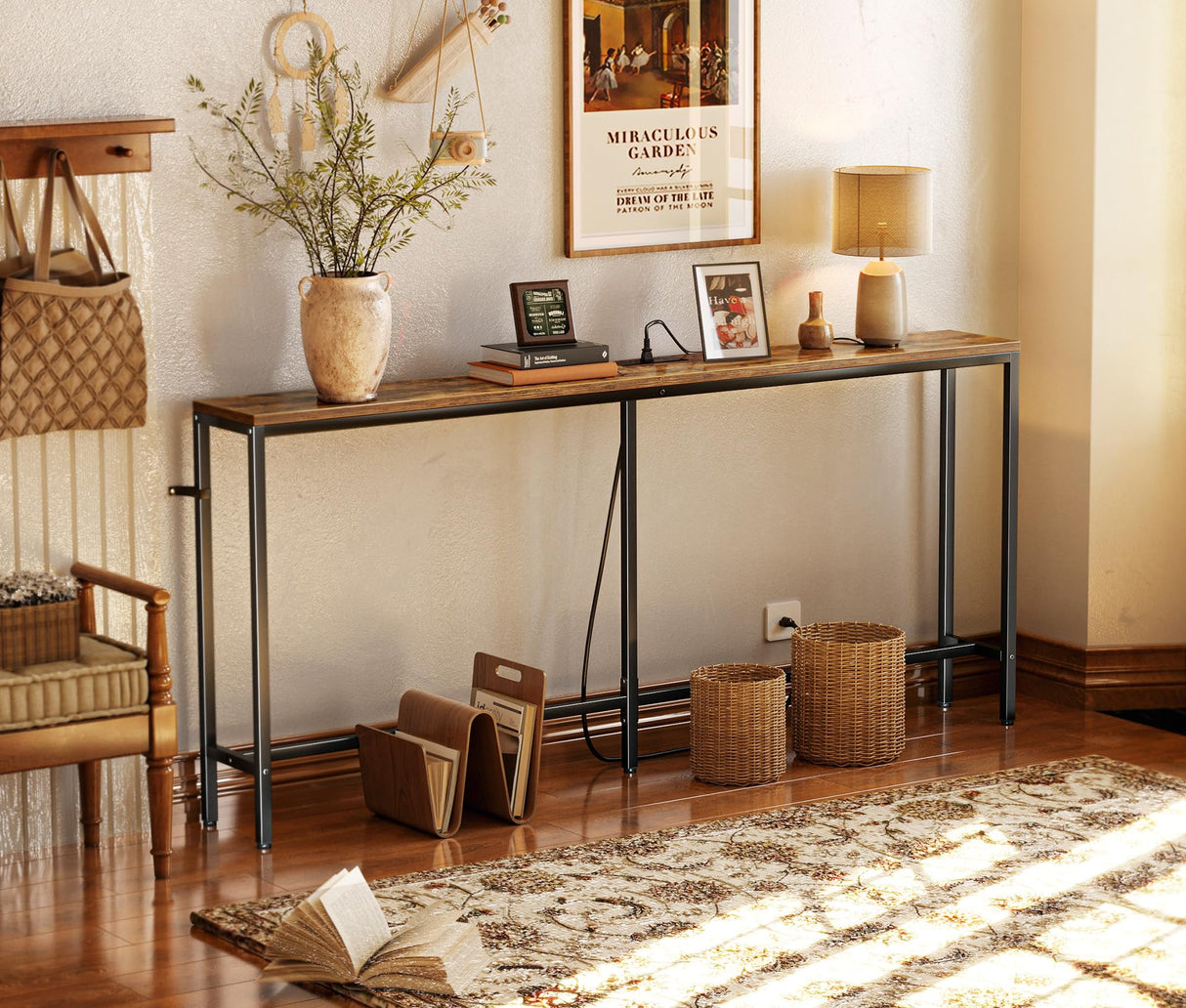 SUPERJARE 70 Inch Console Table with Outlet, Sofa Table with Charging Station, Narrow Entryway Table, Skinny Hallway Table, Behind Couch Table, for Living Room, Rustic Brown SUPERJARE