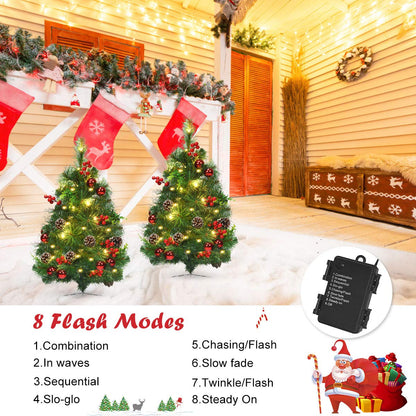 Goplus Set of 2 29" Outdoor Pathway Christmas Trees, Battery Operated Pre-Lit Artificial Xmas Trees with 30 Warm White LED Lights, 8 Flash Modes, Pine Trees for Porch Driveway Yard Garden Decor