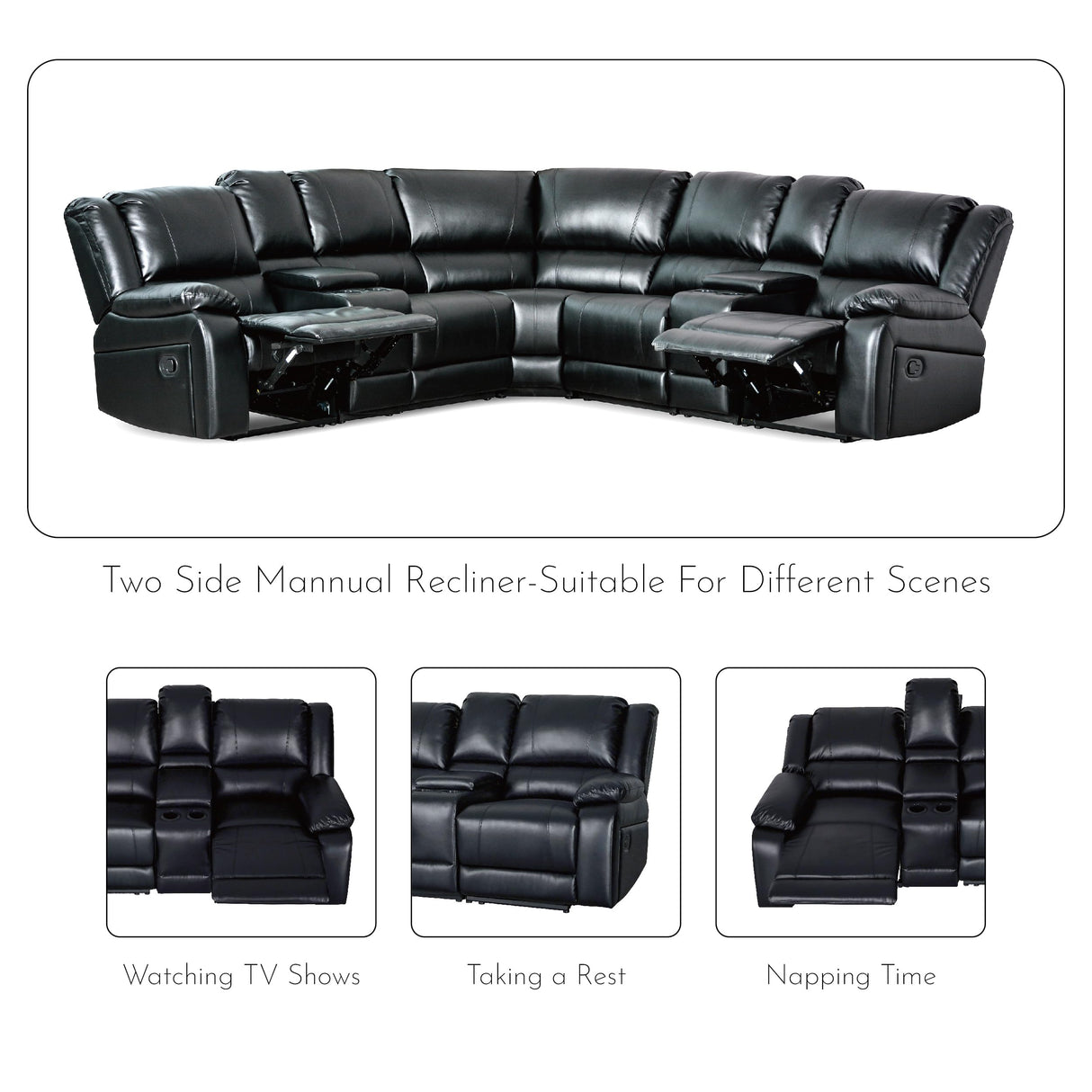 UR livingroom Modular Sectional Sofa L-Shaped PU Leather Sofa Sets Manual Reclining Sectional Couches for Living Room Sofas para Sala, Black UR livingroom