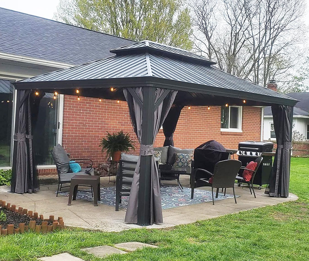 Domi 12'x14' Hardtop Gazebo Canopy,Outdoor Aluminum Gazebo with Galvanized Steel Double Roof,Permanent Gazebo with Drainage System,Curtain and Netting Included,Grey domi outdoor living