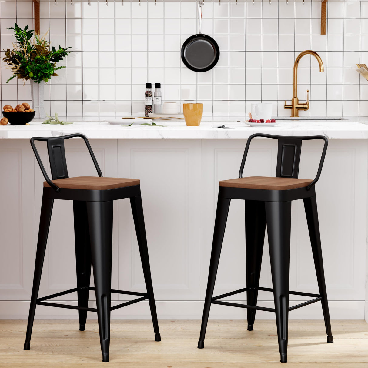WENTMENT Metal Bar Stools Set of 2 Counter Height Barstools with Removable Back 24" Kitchen Bar Stools with Wooden Seat, Black WENTMENT