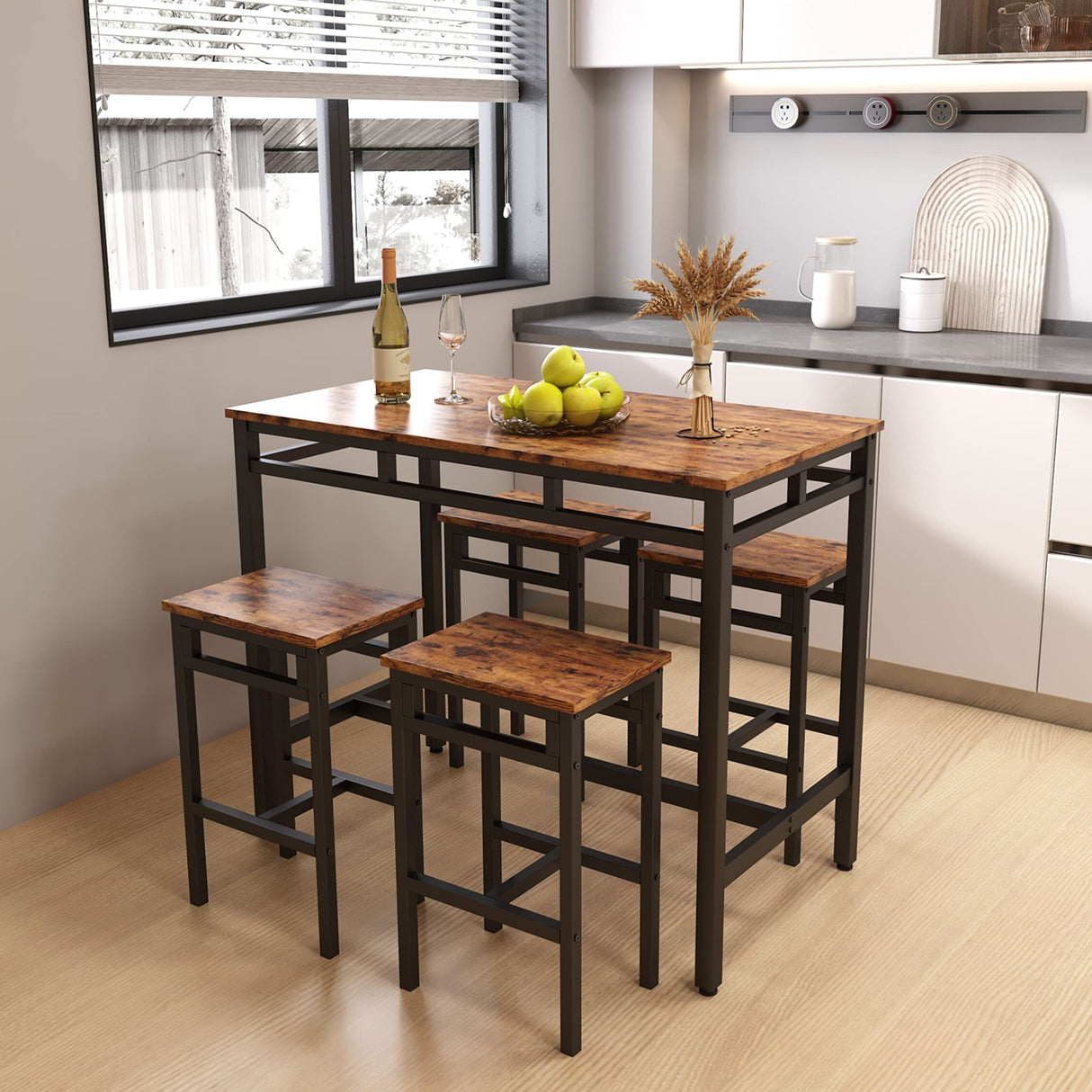 Rustic Brown Industrial 5-Piece Kitchen Bar Table Set with Counter Stools Ball & Cast