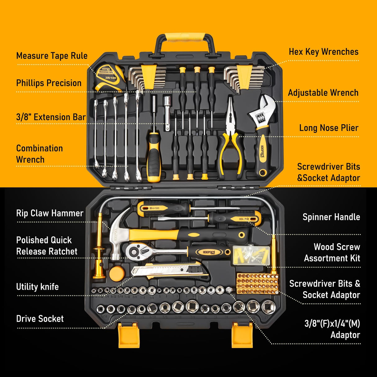 KOOPOOL 159 Piece Hand Tools Set, Tool Box for Car, General Household Hand Kit, Basic Tool Kit for Home Auto Repair, Plastic Toolbox Storage Case KOOPOOL