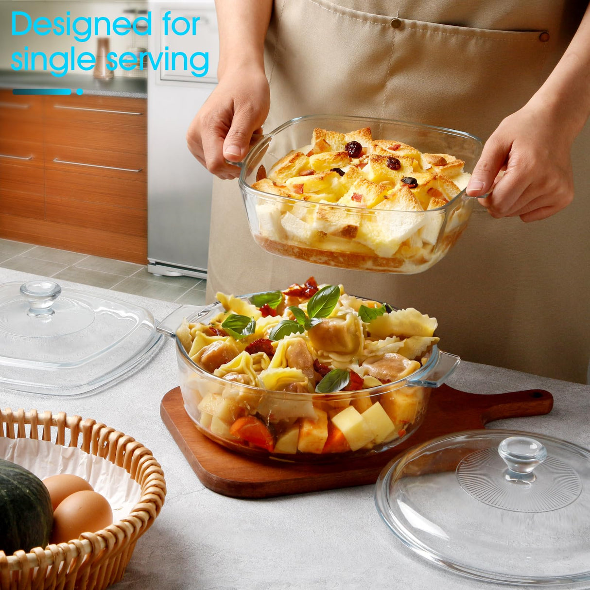 NUTRIUPS Small Glass Casserole Dish with Lid Oven Safe Casserole Dish Set 2 Pack(7.8in Square+8in Round), Microwave Safe Bowls With Lid Casserole Cookware NUTRIUPS