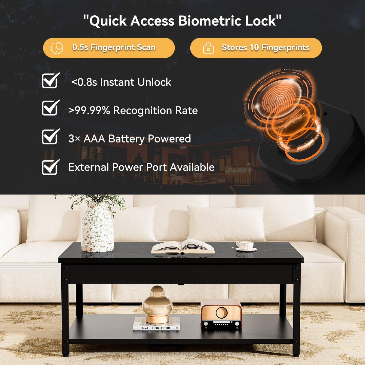 SmartEdge Coffee Table with Gun Safe with Biometric Lock, Lock Storage Table Designed for Firearms and Wine, Hidden Gun Storage for Jewelry Money Rifles Pistols and Ammo (Black Marble Wood) SmartEdge