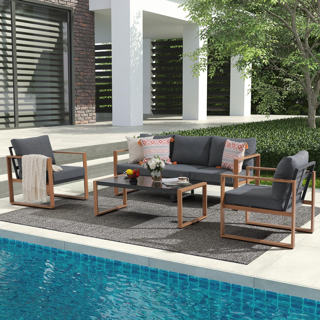 JOIVI Aluminum Patio Furniture Set, 4 Piece Outdoor Conversation Set Patio Conversation Sectional Chat Couch Sofa U-Shaped Modern Seating Set with Upgrade Cushion and Tempered Glass Coffee Table, Gray JOIVI
