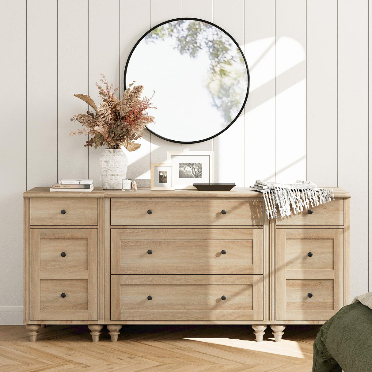 WAMPAT Dresser for Bedroom with 5 Drawers and 2 Storage Cabinet, End Table with Charging Station for Living Room, Mid Century Modern Kids Dressers with Wide Chest of Drawers for Nursery, Oak WAMPAT