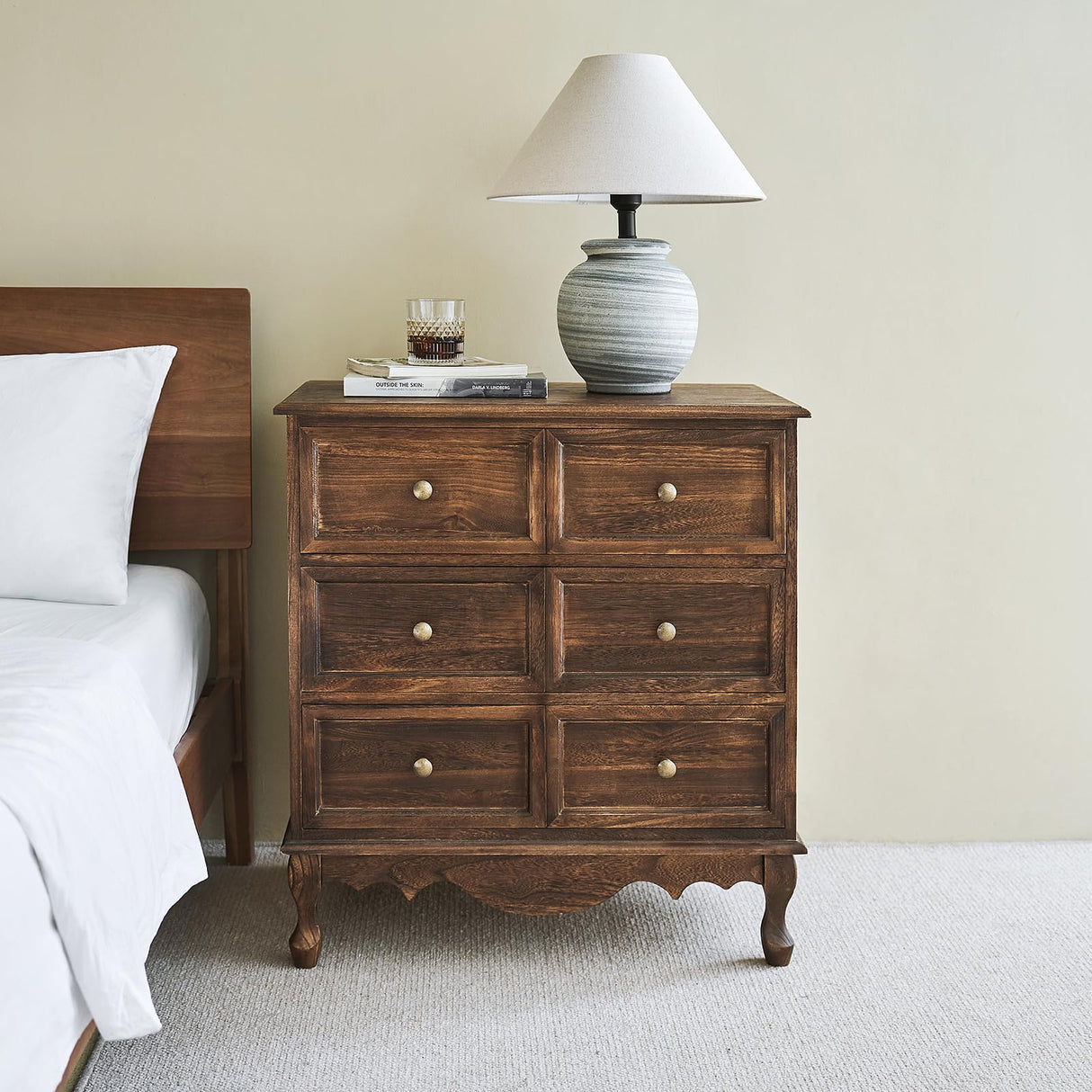 HULALA HOME 3-Drawer Nightstand with Charging Station, Drawer Organizer with Wood Legs, Farmhouse Solid Wood Nightstand Set of 2(Walnut) HULALA HOME