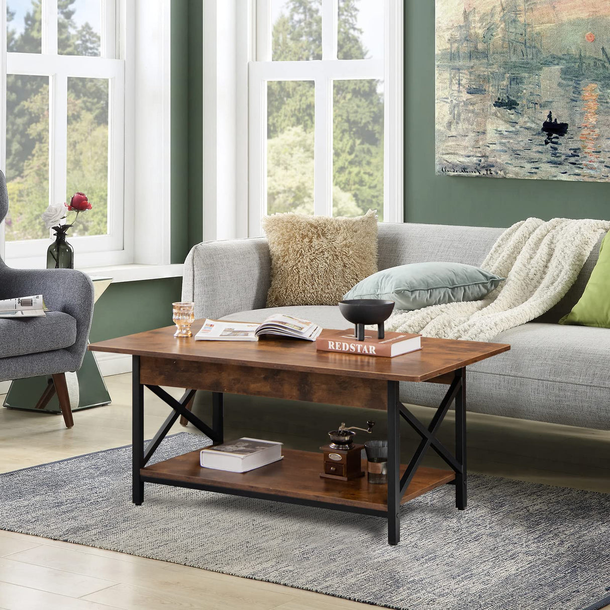 COSTWAY Industrial Coffee Table, 2-Tier Wood Cocktail Tea Table with Storage Shelf and X-Shape Steel Frame, Rectangle Sofa Side Accent Table for Living Room Home Office, Rustic Brown COSTWAY