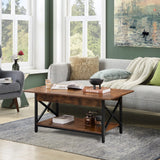 COSTWAY Industrial Coffee Table, 2-Tier Wood Cocktail Tea Table with Storage Shelf and X-Shape Steel Frame, Rectangle Sofa Side Accent Table for Living Room Home Office, Rustic Brown COSTWAY