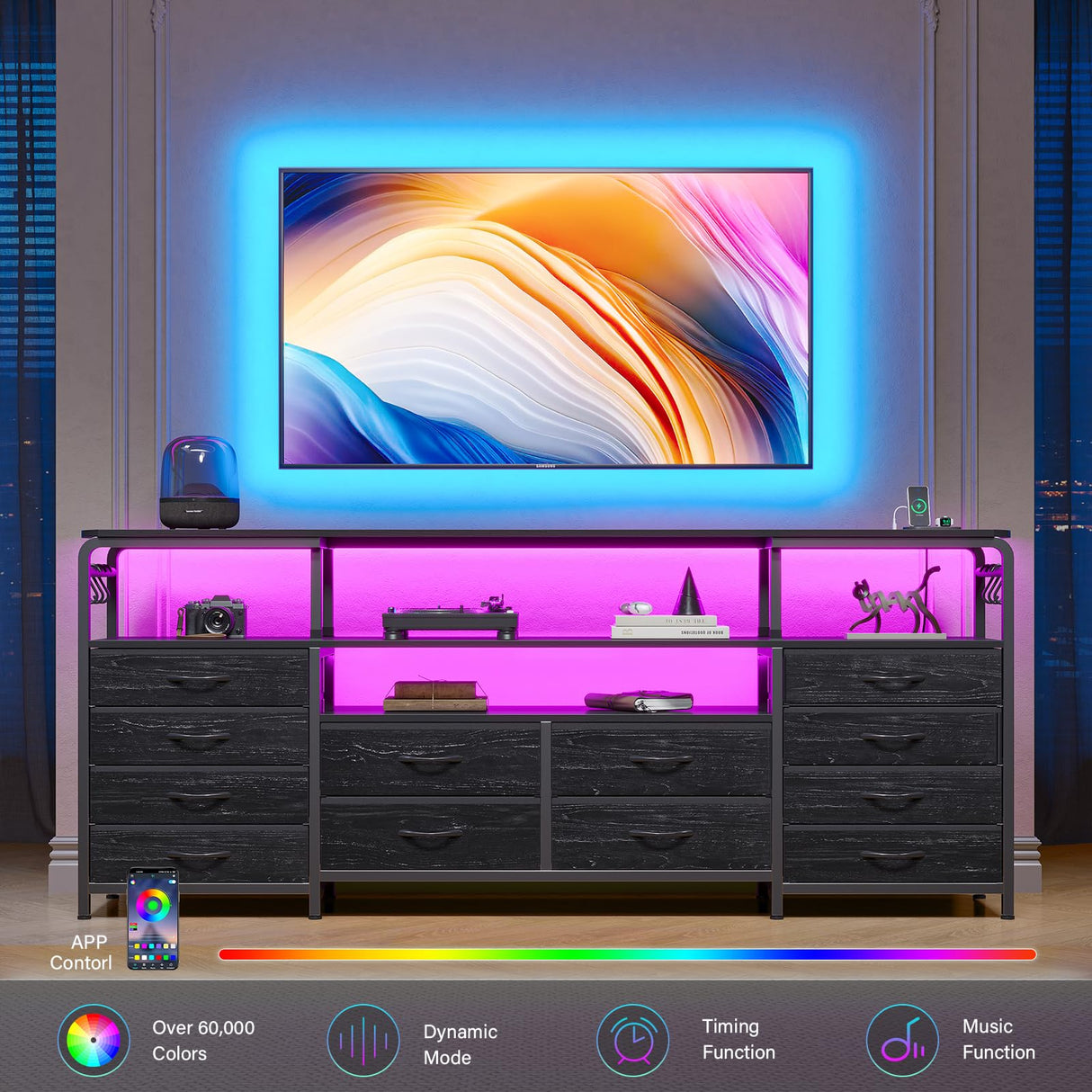 busyaeh 65 Inch Tv Stand with 12 Drawers for 55 65 70 in Tv Stands with Led Lights & Charging Station, 63" Dresser Tv Stand with Open Shelves & 6 Metal Hooks for Bedroom Living Black busyaeh