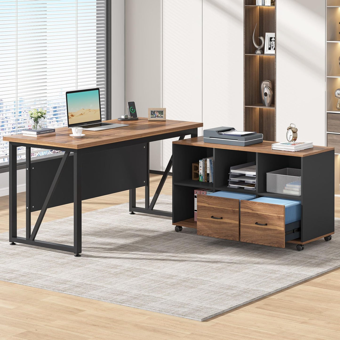 Tribesigns 55-Inch Executive Computer Desk with 43-Inch Lateral File Cabinet, Large Workstation Business Furniture, L Shaped Desk with Drawers and Storage Shelves for Home Office, Walnut - WoodArtSupply