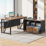 Tribesigns 55-Inch Executive Computer Desk with 43-Inch Lateral File Cabinet, Large Workstation Business Furniture, L Shaped Desk with Drawers and Storage Shelves for Home Office, Walnut Tribesigns