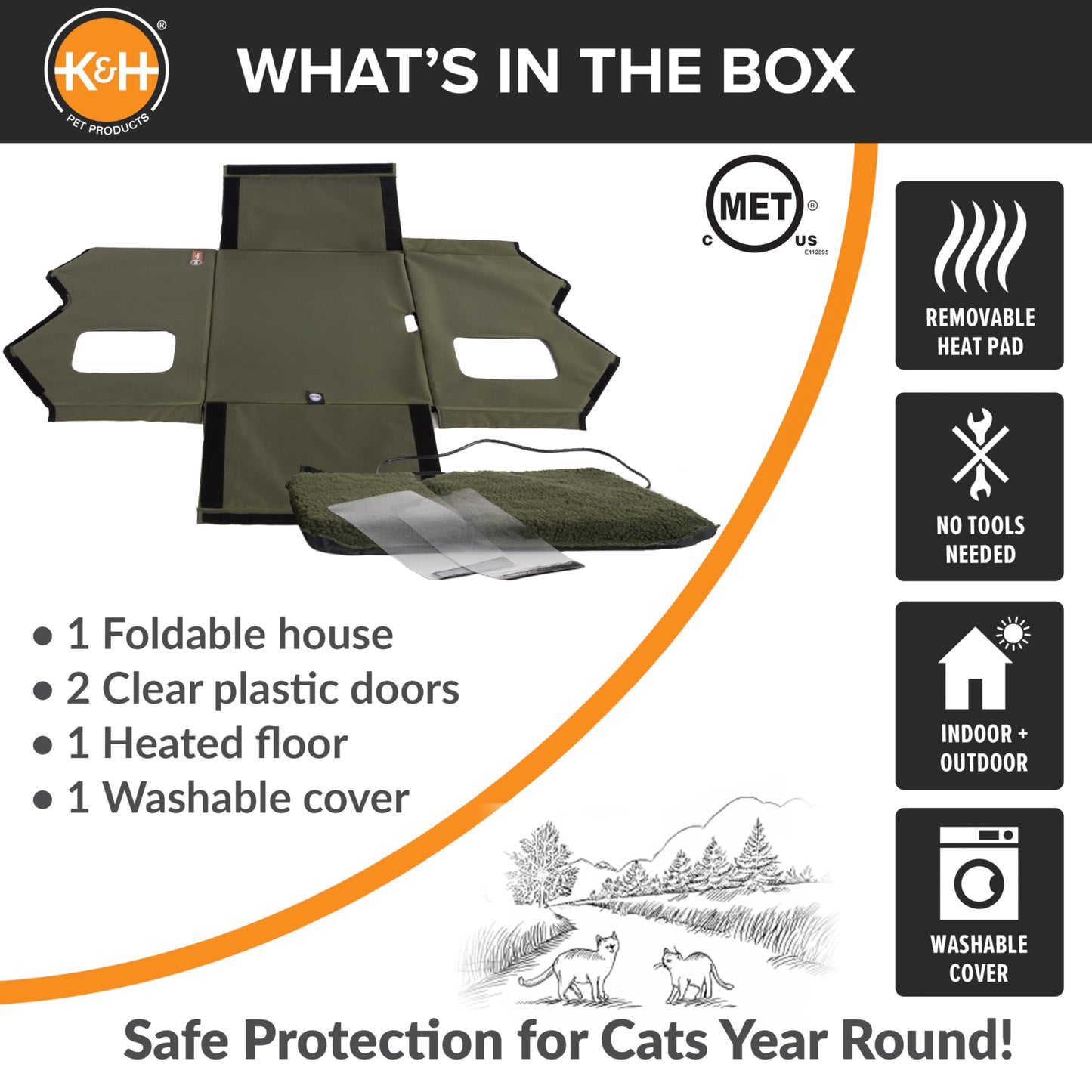 K&H Pet Products Heated Outdoor Cat House Extra-Wide Winter Shelter for Ferals - Cat House for Outdoor Cats, Heated Kitty House for Outside Weatherproof Insulated Protection 26.5" X 21.5" X 15.5"