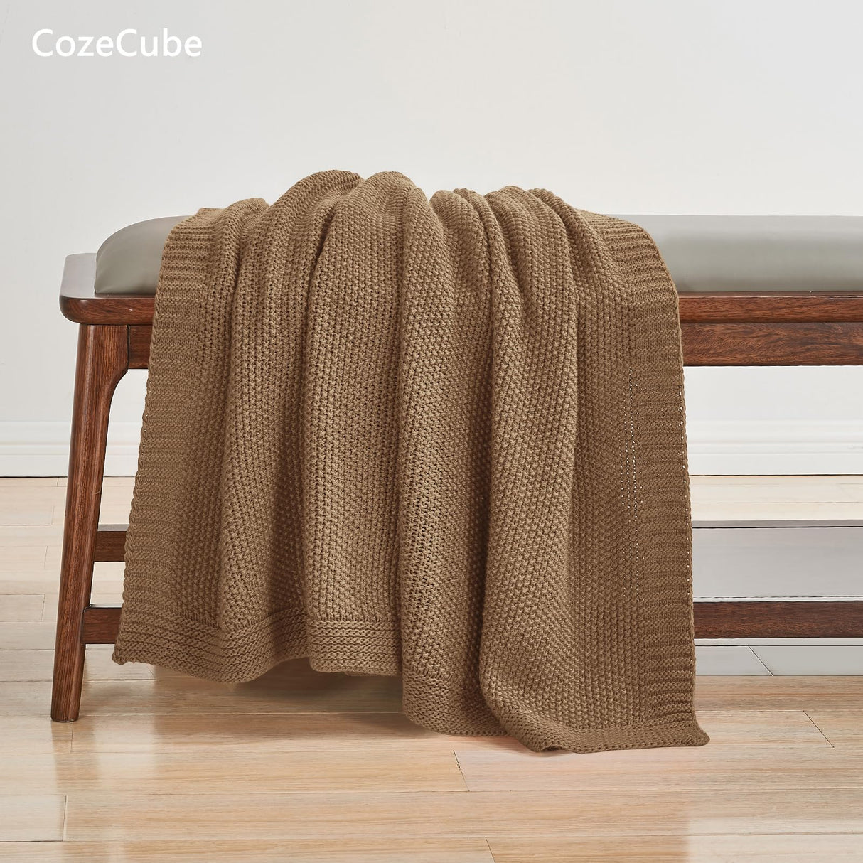 CozeCube Caramel Brown Throw Blanket for Couch, Soft Cozy Cable Knit Throw for Bed Sofa Living Room, Lightweight Warm Decorative Farmhouse Christmas Blanket, 50"x60", Light Brown CozeCube