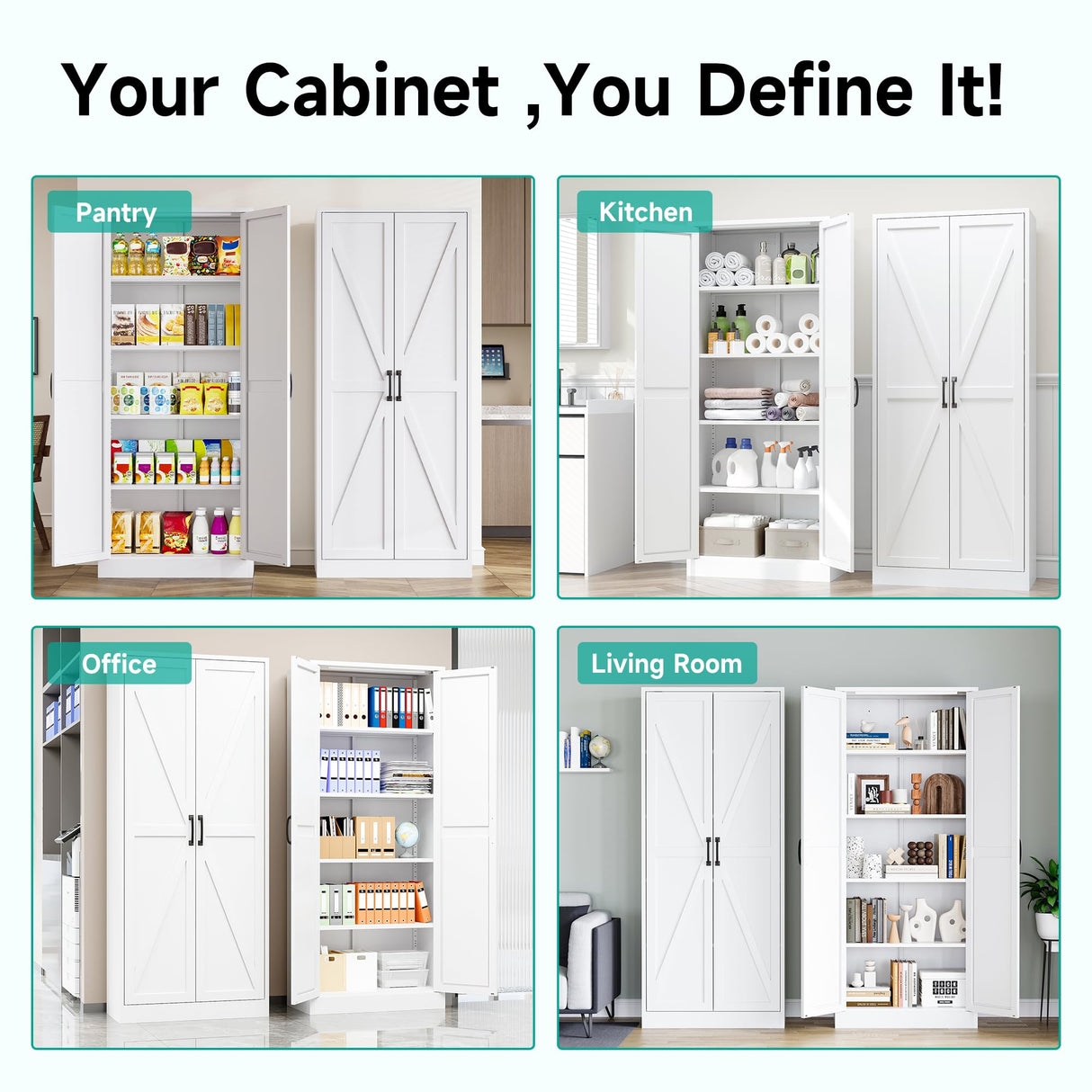 SISESOL Tall Metal Storage Cabinet with 2 Doors and 5 Shelves,75 inch White Pantry Storage Cabinet,Large Farmhouse Pantry Cupboard for Home,Kitchen,Dining/Living Room SISESOL