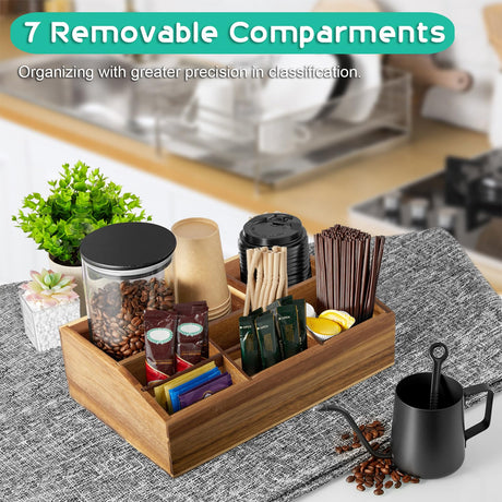 Acacia Wood Coffee Station Organizer for Countertop - 7 Compartments Coffee Bar Accessories and Organizer with Removable Dividers - Coffee and Tea Condiment storage Organizer for Coffee Bar Decor ALELION