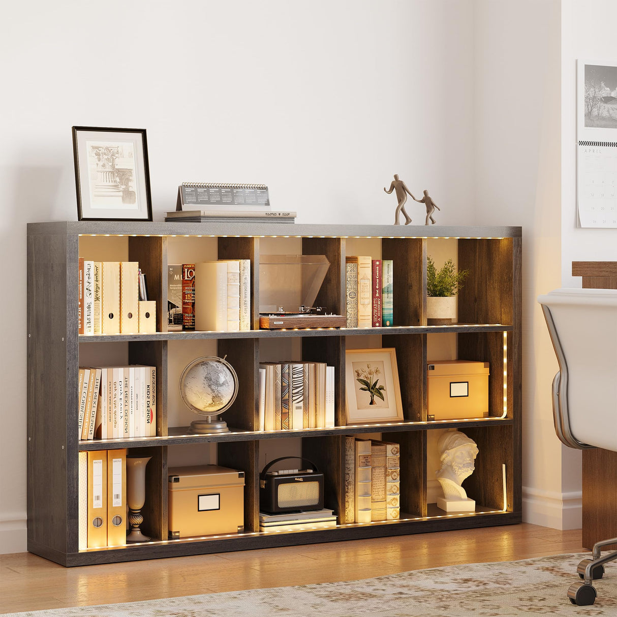 IRONCK 15 Cube Bookcase Storage Shelf Organizer with LED Lights, 5 Tier Bookshelves and Bookcases Display Shelves, Horizontally or Vertically Use, Charcoal Grey IRONCK