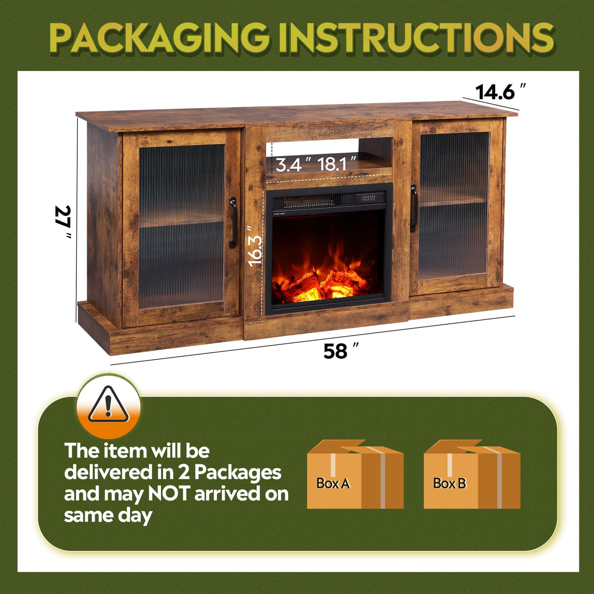 WLIVE Fireplace TV Stand for 65" TV, Entertainment Center with 18 Inch Electric Fireplace, TV Console with Open Shelves for Living Room, Rustic Brown WLIVE