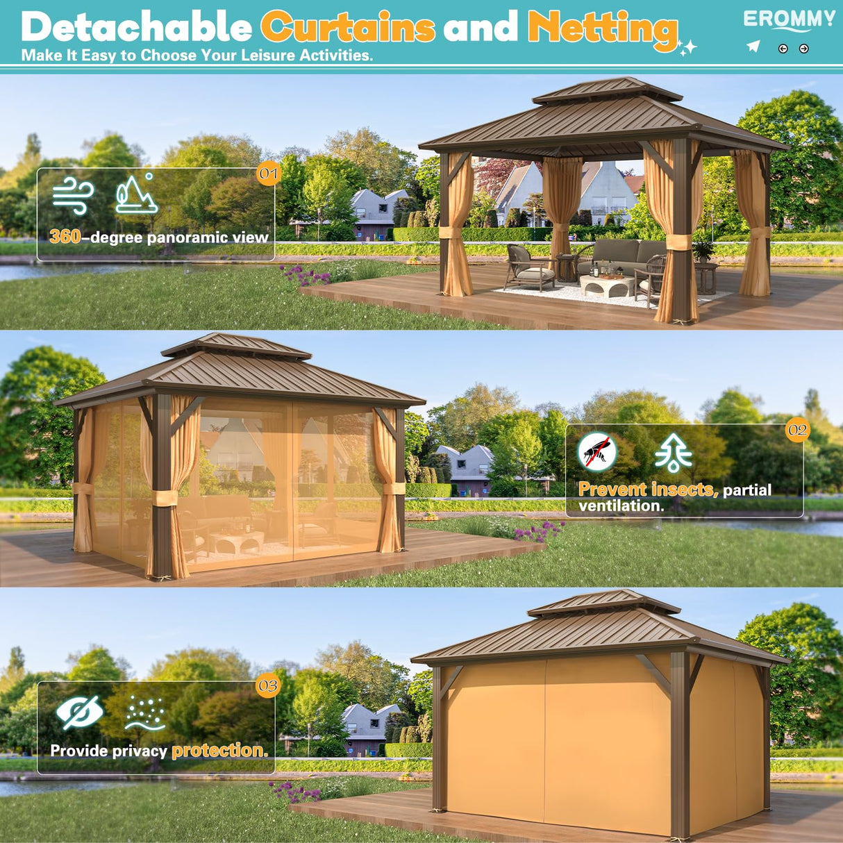 EROMMY 10'x12' Gazebo Hardtop, Galvanized Steel Double Roof Metal Gazebo with Aluminum Frame, Permanent Outdoor Pavilion with Curtain and Netting for Patio, Lawn and Garden EROMMY