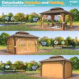 EROMMY 10'x12' Gazebo Hardtop, Galvanized Steel Double Roof Metal Gazebo with Aluminum Frame, Permanent Outdoor Pavilion with Curtain and Netting for Patio, Lawn and Garden EROMMY