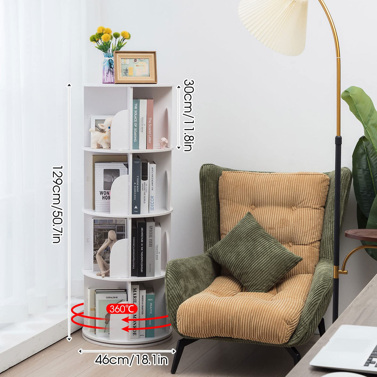 Roowest 4-Tier 360° Rotating White Bookshelf – Space-Saving Corner Bookcase Organizer Roowest