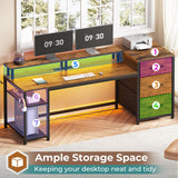 SEDETA 59" Office Desk with Drawers, Reversible Computer Desk with File Drawers & Storage, Gaming Desk with LED Lights & Power Outlet, Home Office Desks for Printer, Rustic Brown SEDETA