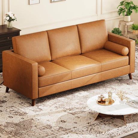 GarveeHome 81" Leather Sofa for Living Room, Mid-Century Modern Couch with Deep Seats, Brown Faux Leather Couch, 3 Seat Sofa with Removable Cover for Apartment, Office, Cognac Tan GarveeHome