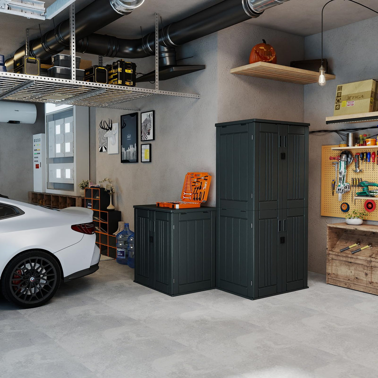 30 Cubic Ft. Vertical Resin Outdoor Storage Shed with Lockable Double Doors,Tall Storage Cabinet with 4 Shelves, Weather-Resistant Multi-Wall Panels,Storage Shed for Patio, Garden, Yard, Grey ZYJOYY