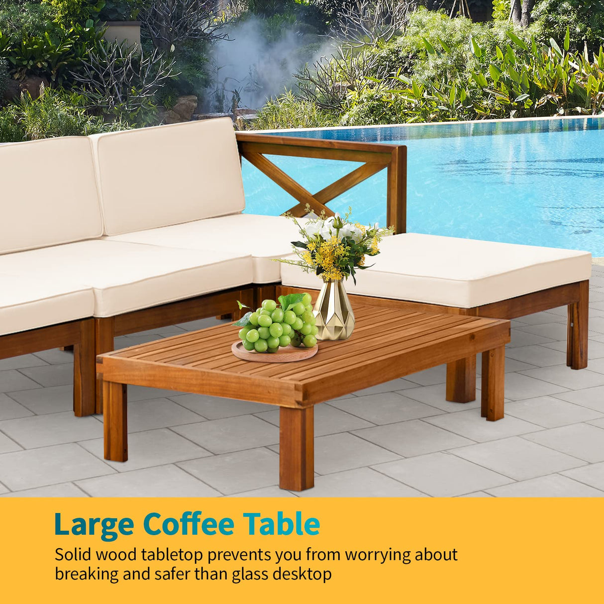 5-Piece Acacia Wood Outdoor Sofa Set Patio Bistro Set Furniture Outdoor Chat Conversation Table Chair Set with Water Resistant Cushions and Coffee Table for Beach Backyard Garden PayLessHere