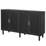 Finnhomy 4 Door Sideboard Buffet Cabinet, Kitchen Storage Cabinet with Black Painted Rattan Decorated Doors, Cupboard Console Table, Boho Accent Liquor Cabinet, 62.3X 15.7X 34.6 Inches, Full Black Finnhomy