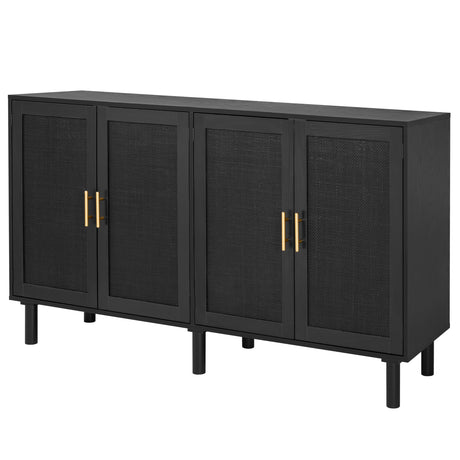 Finnhomy 4 Door Sideboard Buffet Cabinet, Kitchen Storage Cabinet with Black Painted Rattan Decorated Doors, Cupboard Console Table, Boho Accent Liquor Cabinet, 62.3X 15.7X 34.6 Inches, Full Black Finnhomy