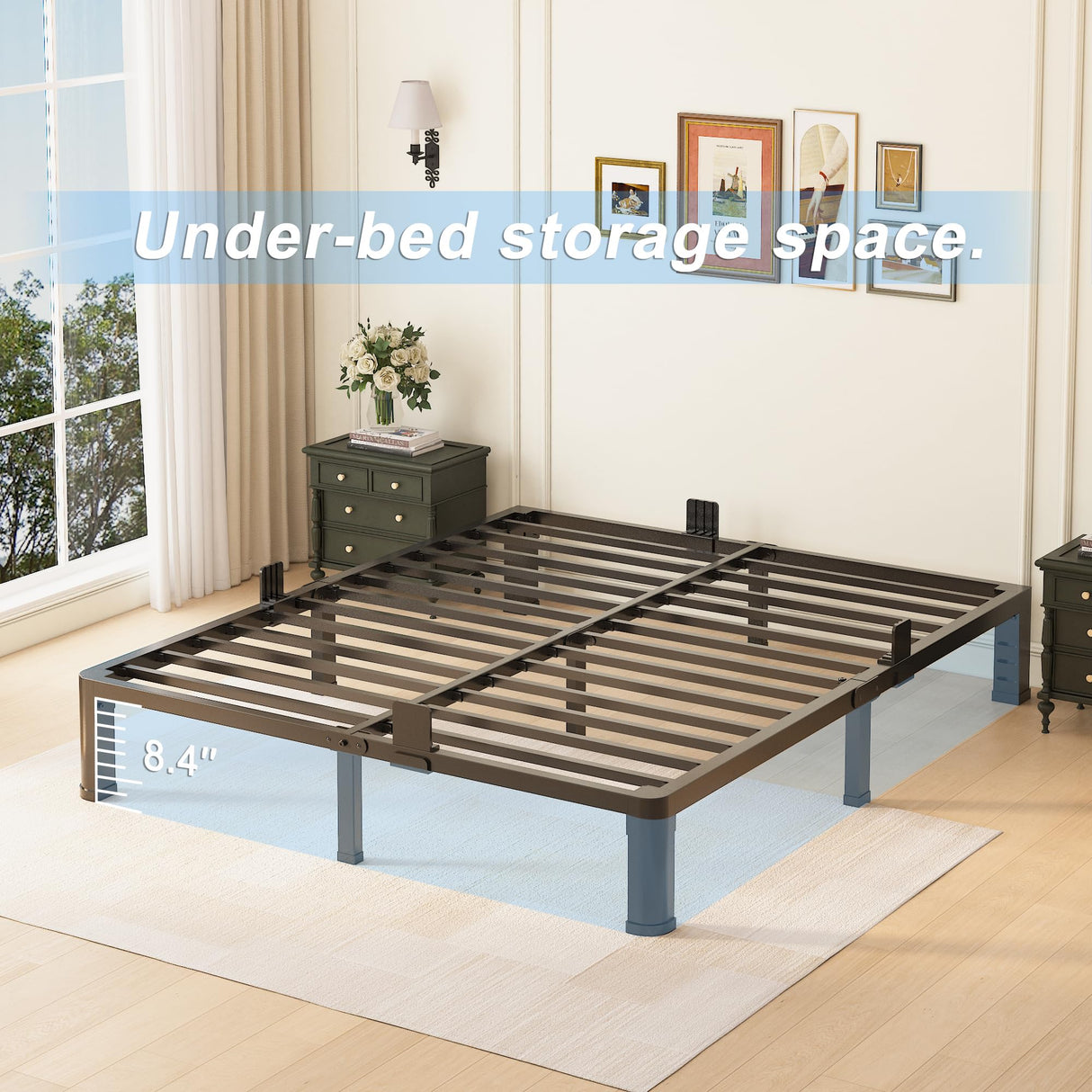 10 inch Queen Bed Frame with Round Corner Legs and Headboard Hole Mattress Slide Stopper Low Profile Heavy Duty Metal Platform,Steel Slats Support,No Box Spring Needed,Easy Assembly,Noise Free Yitong Angel