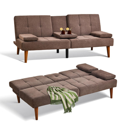 COLAMY Futon Sofa Bed-Fabric Small Couch, Convertible Sofa Bed with 2 Cup Holders, Removable Soft Armrest, Adjustable Backrest for Dorm/Bedroom/College