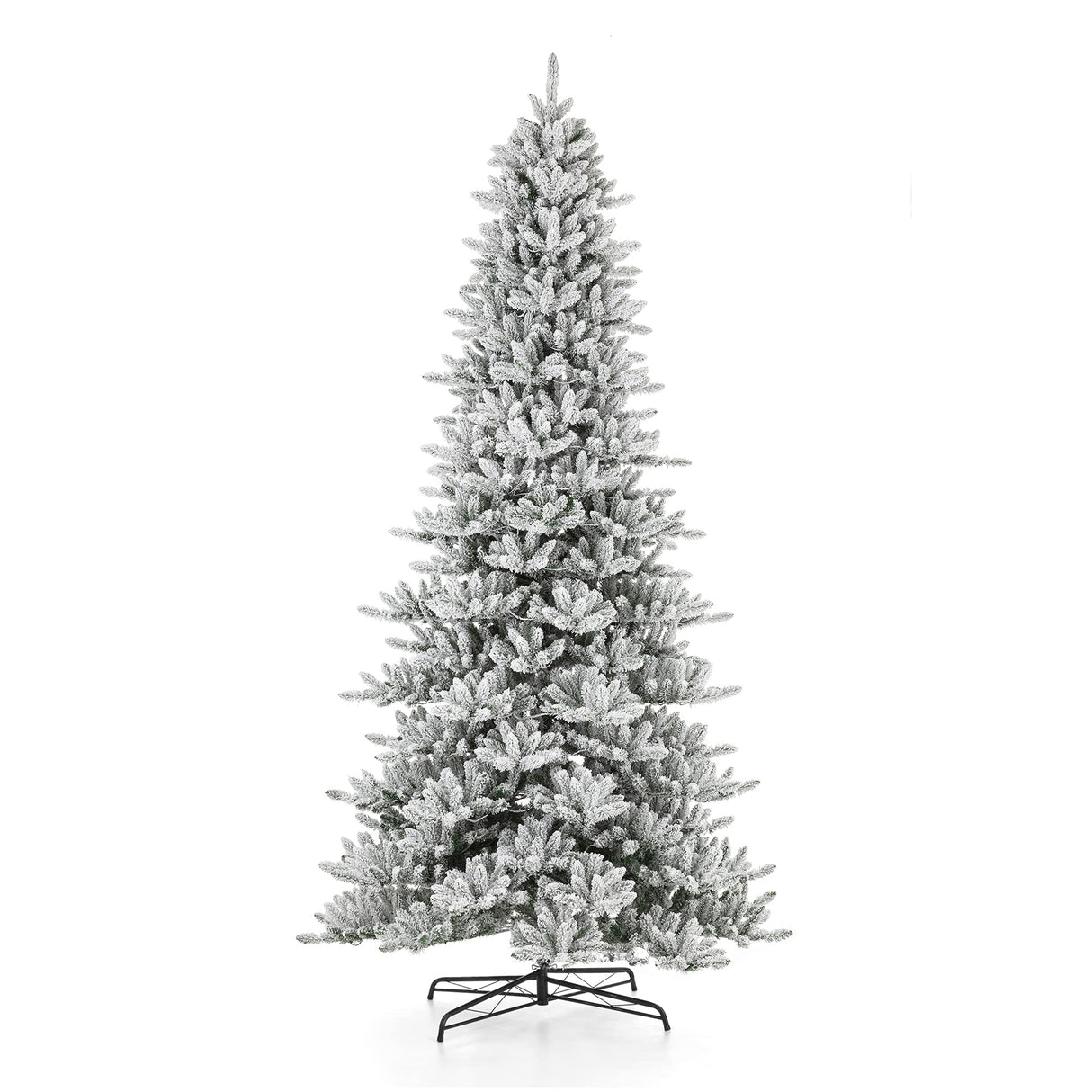 Glitzhome 11ft Pre-Lit Flocked Slim Fir Artificial Christmas Tree, Hinged Holiday Xmas Tree with 950 Warm White Lights,Metal Hinges & Base for Home, Office, Party Decoration Glitzhome