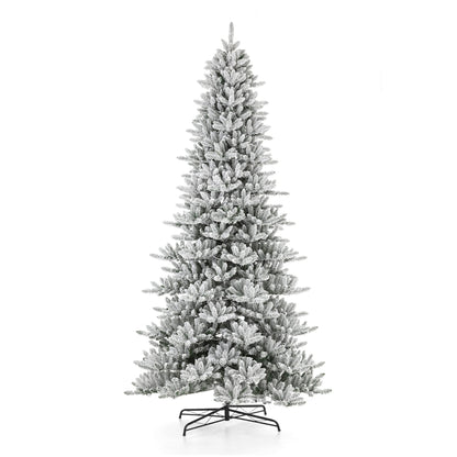 Glitzhome 11ft Pre-Lit Flocked Slim Fir Artificial Christmas Tree, Hinged Holiday Xmas Tree with 950 Warm White Lights,Metal Hinges & Base for Home, Office, Party Decoration