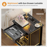 Gurexl Farmhouse Nightstand with Gun Drawer, 20" Vintage Bedside Table with LED Lights & Charging Station, Tall Rustic Wood Sofa Side End Table with 2 Drawers for Bedroom (Black) Gurexl