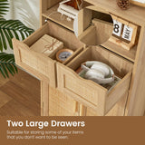 Iwell Storage Cabinet with 2 Drawers & Adjustable Shelves, Rattan Cabinet, Kitchen Pantry Cabinets, Cupboard for Living Room, Kitchen, Home Office, Natural Iwell